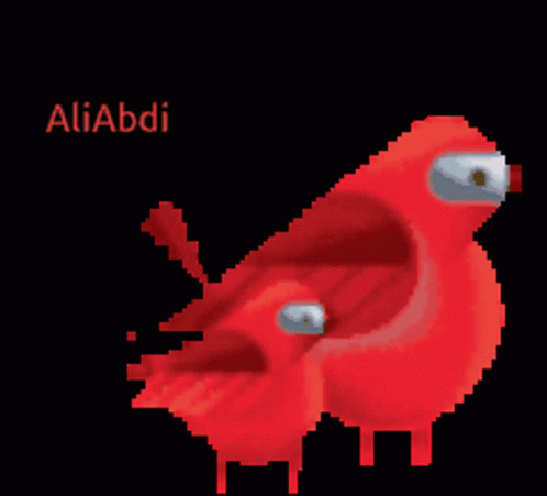 A Pixel Art Of Two Red Birds With The Name Aliabdi Written Below Them GIF