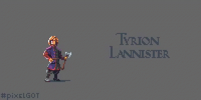 A Pixel Art Of Tyrion Lannister From Game Of Thrones Holding An Axe GIF