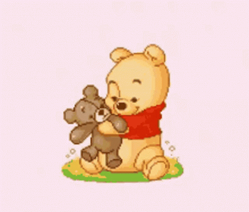 a pixel art of winnie the pooh hugging a teddy bear .