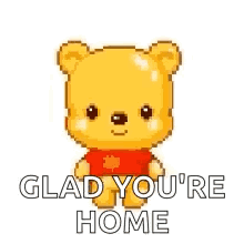 A Pixel Art Of Winnie The Pooh Saying `` Glad You 'Re Home '' Surrounded By Pink Hearts . GIF