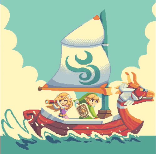 A Pixel Art Of Zelda And Link On A Boat GIF