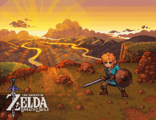 A Pixel Art Of Zelda Breath Of The Wild With A Sword And Shield GIF