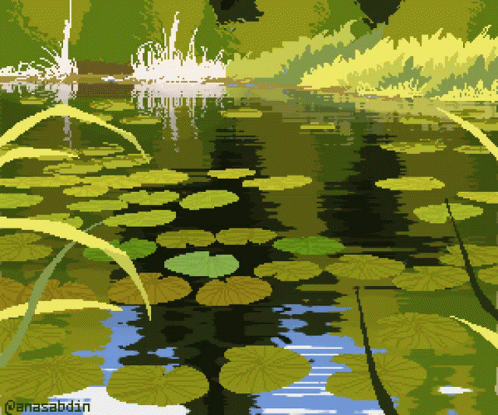 A Pixel Art Painting Of A Pond With Lily Pads And Trees GIF