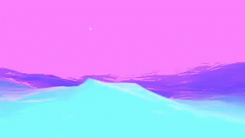 A Pixel Art Painting Of A Purple And Blue Landscape With Mountains In The Background . GIF