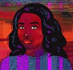 A Pixel Art Portrait Of A Woman In A Purple And Blue Striped Sweater GIF