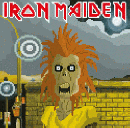 A Pixel Art Poster For Iron Maiden With A Skeleton In A Yellow Shirt GIF