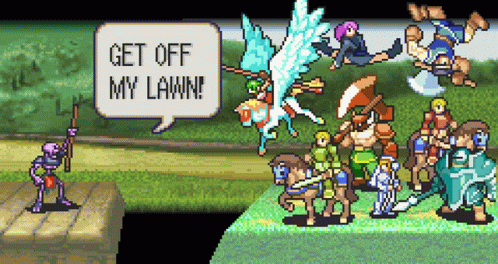 A Pixel Art Scene With A Speech Bubble That Says " Get Off My Lawn ! " GIF