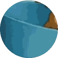 a pixelated image of a blue circle with a brown border on a white background
