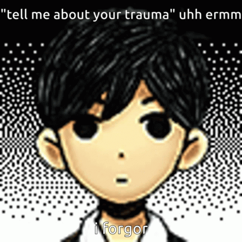 A Pixelated Image Of A Boy With The Words " Tell Me About Your Trauma " GIF