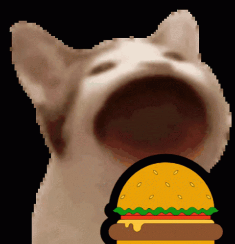 A Pixelated Image Of A Cat With Its Mouth Open And A Hamburger In The Background GIF