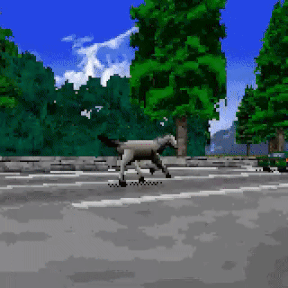 a pixelated image of a horse walking down a street