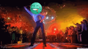 A Pixelated Image Of A Man Dancing With A Green Smiley Face On His Head GIF