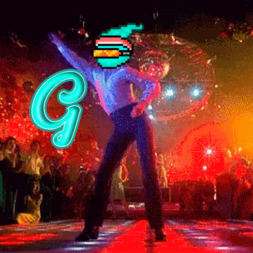 A Pixelated Image Of A Man Dancing With A Neon Letter G Behind Him GIF