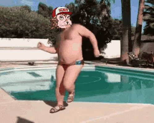 A Pixelated Image Of A Man Running By A Pool With A Hat That Says Fun All Over It GIF