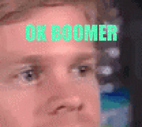 A Pixelated Image Of A Man 'S Face With The Words Ok Boomer Written Above It GIF