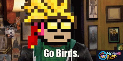 A Pixelated Image Of A Man With The Words Go Birds Written On It GIF