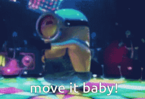 A Pixelated Image Of A Minion Dancing With The Words Move It Baby Below It GIF