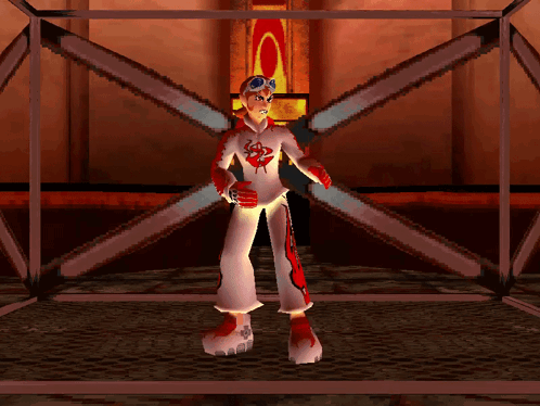 A Pixelated Image Of A Person In A Red And White Outfit With The Letter C On His Chest GIF