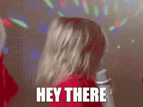 A Pixelated Image Of A Woman Dancing With The Words Hey There In White Letters GIF