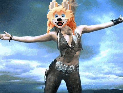 A Pixelated Image Of A Woman In A Bikini With Her Arms Outstretched And A Bunny Mask On Her Head GIF