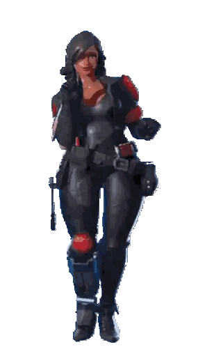 a pixelated image of a woman in a black and red outfit