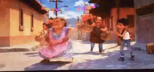 A Pixelated Image Of A Woman In A Pink Apron Walking Down A Street GIF