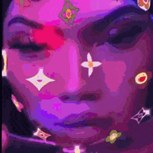 A Pixelated Image Of A Woman 'S Face With Louis Vuitton Logos On It GIF
