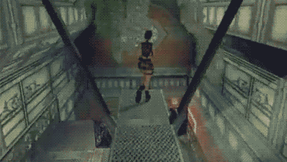 A Pixelated Image Of A Woman Walking Down A Hallway GIF
