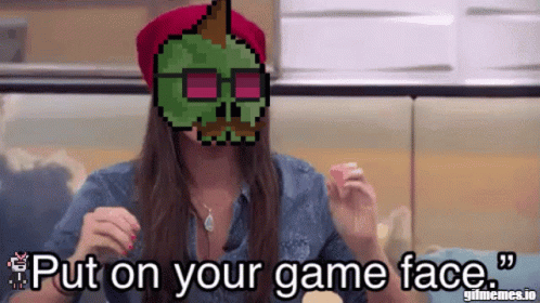 A Pixelated Image Of A Woman With The Words Put On Your Game Face Below Her GIF