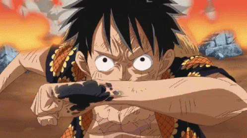 A Pixelated Image Of Monkey D Luffy From One Piece With A Black Tattoo On His Arm GIF