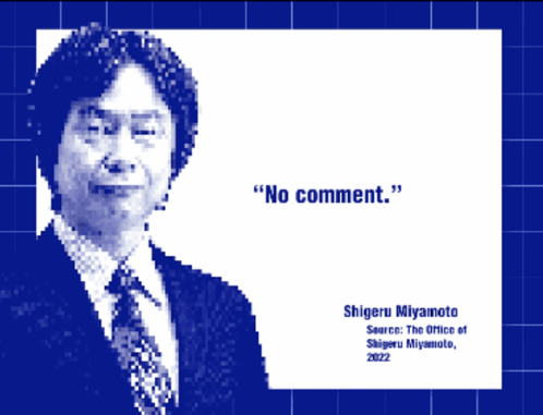 A Pixelated Image Of Shigeru Miyamoto With The Words " No Comment " Below Him GIF