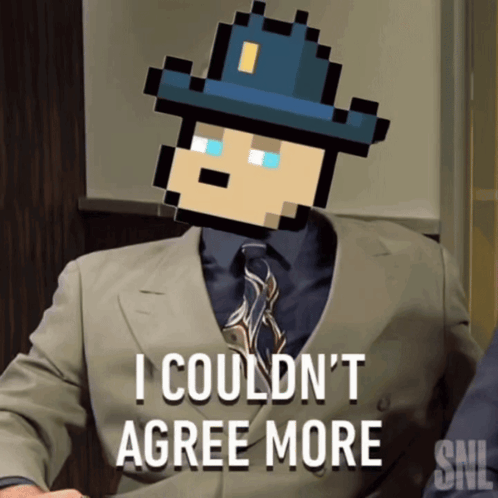 a pixelated man in a suit and tie says i could n't agree more