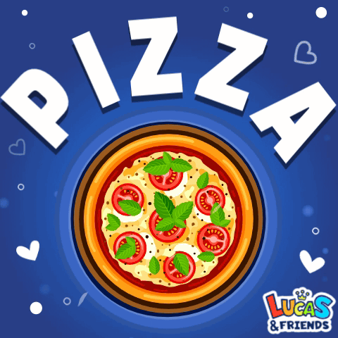 A Pizza With Tomatoes And Basil On A Blue Background That Says Pizza GIF
