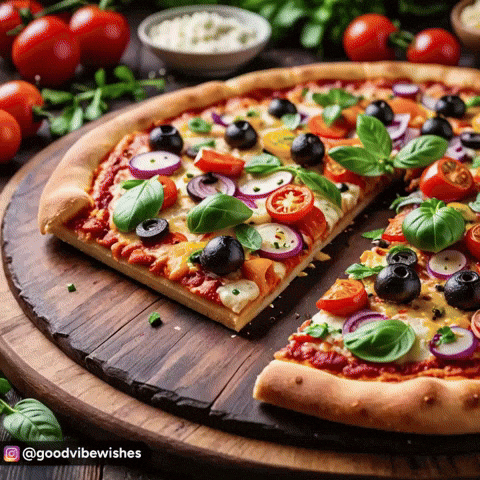 A Pizza With Tomatoes Onions Olives And Basil On It GIF