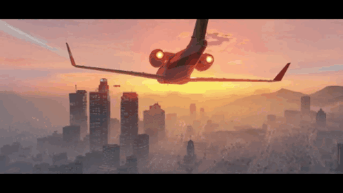 A Plane Flies Over A City At Sunset GIF