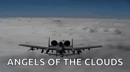 A Plane Is Flying Through The Clouds With The Words `` Angels Of The Clouds '' Above It . GIF