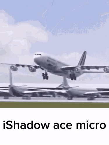 A Plane Is Taking Off From A Runway And The Words Shadow Ace Micro Are Below It GIF