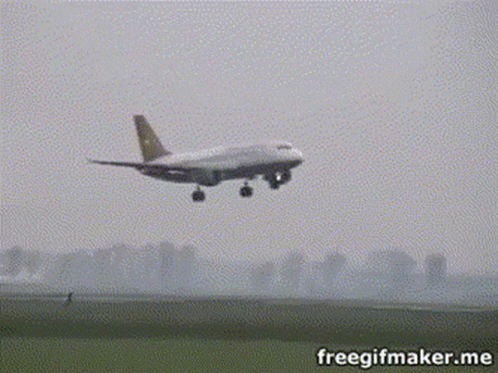 A Plane Is Taking Off From A Runway With The Words " C'mon " On It GIF