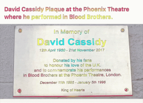 A Plaque That Says David Cassidy On It GIF