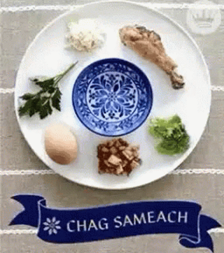 A Plate Of Food With A Banner That Says Chag Sameach On It GIF