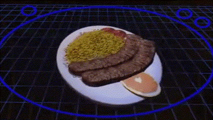 A Plate Of Food With A Sausage , Rice , And Ketchup On It . GIF