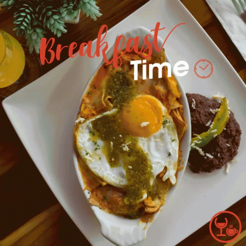 A Plate Of Food With The Words Breakfast Time Written Above It GIF