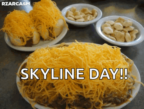 A Plate Of Food With The Words Skyline Day Written Above It GIF