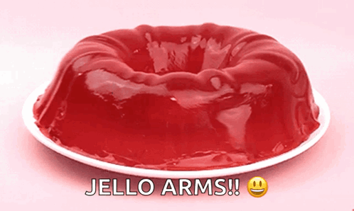 A Plate Of Red Jelly With The Words Jello Arms On The Bottom GIF