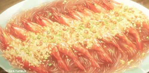 A Plate Of Shrimp And Noodles With A Watermark That Says Hi-Ges.tumblr GIF