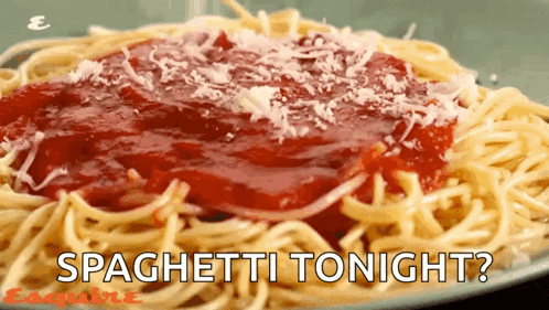 A Plate Of Spaghetti With Tomato Sauce And Cheese With The Words Spaghetti Tonight Above It GIF