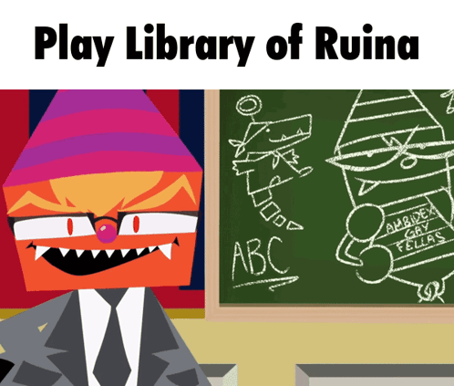 A Play Library Of Ruina Poster With A Cartoon Character And A Chalkboard GIF
