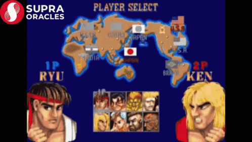 A Player Select Screen For A Video Game With Ryu And Ken Fighting Each Other GIF