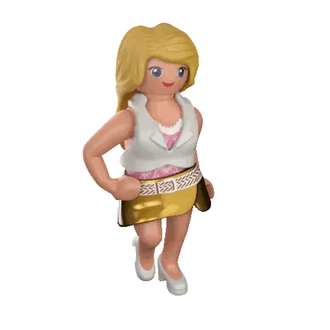 a playmobil doll wearing a gold skirt and white shoes