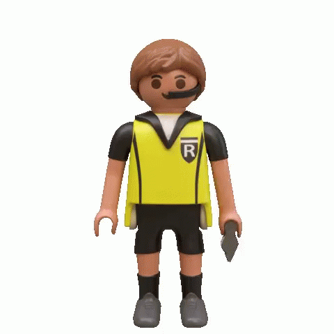 A Playmobil Figure Is Holding A Yellow Card GIF
